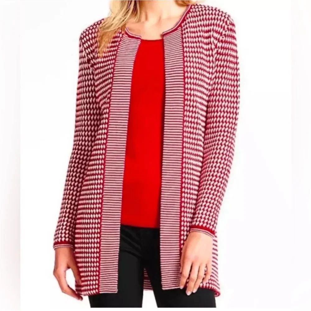 Talbots Red and White Women's 100% Merino Wool open front Cardigan size L